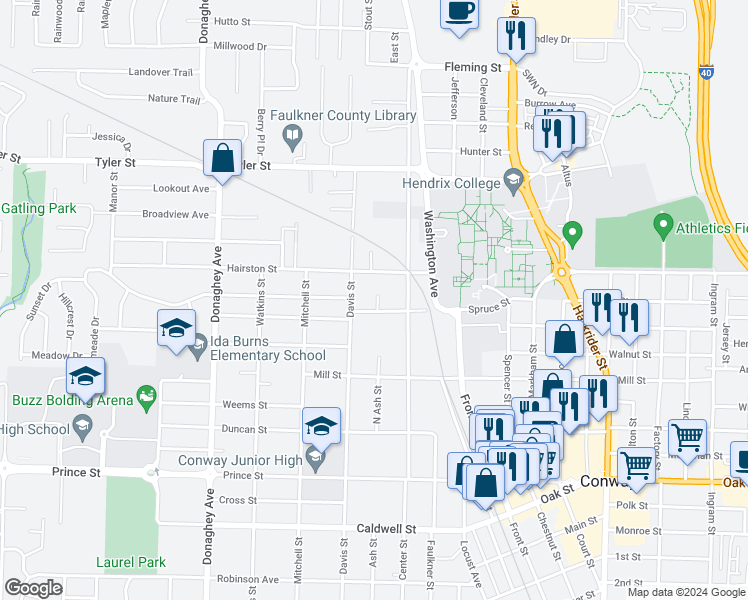 map of restaurants, bars, coffee shops, grocery stores, and more near 1706 Independence Street in Conway