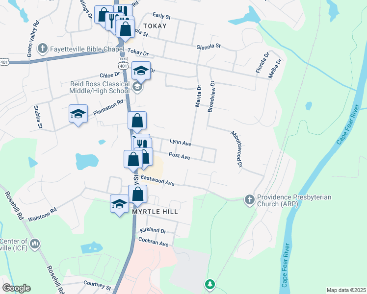 map of restaurants, bars, coffee shops, grocery stores, and more near 304 Lynn Avenue in Fayetteville