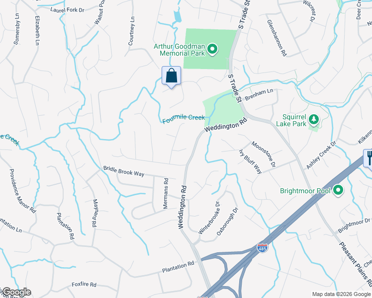 map of restaurants, bars, coffee shops, grocery stores, and more near 2616 Rustic Ridge Court in Charlotte