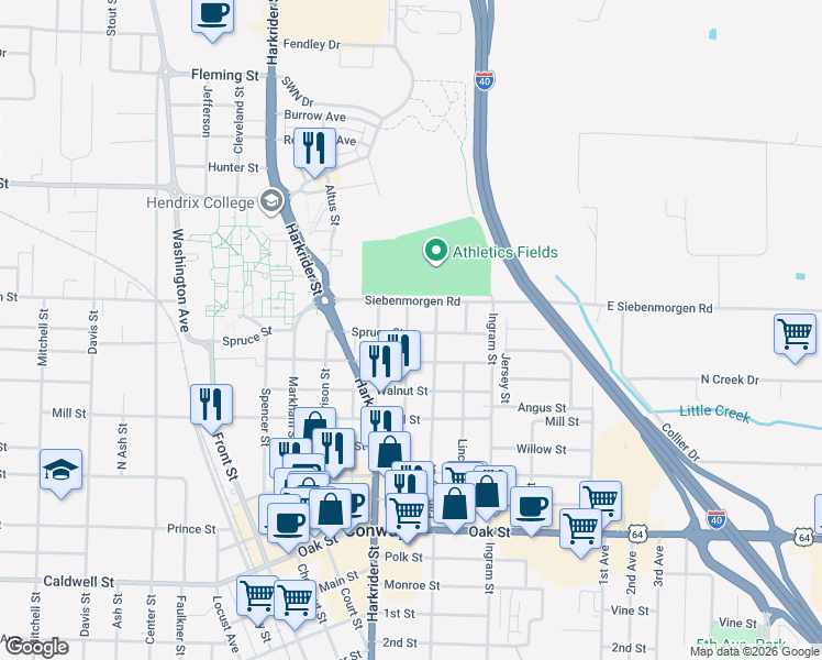 map of restaurants, bars, coffee shops, grocery stores, and more near 814 Spruce Street in Conway