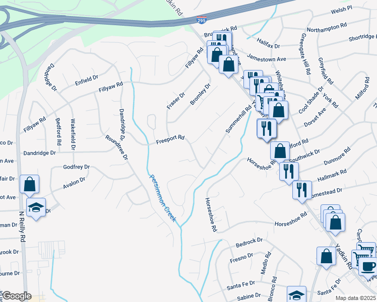 map of restaurants, bars, coffee shops, grocery stores, and more near 6432 Freeport Road in Fayetteville
