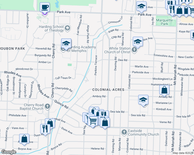 map of restaurants, bars, coffee shops, grocery stores, and more near 1214 Perkins Terrace in Memphis