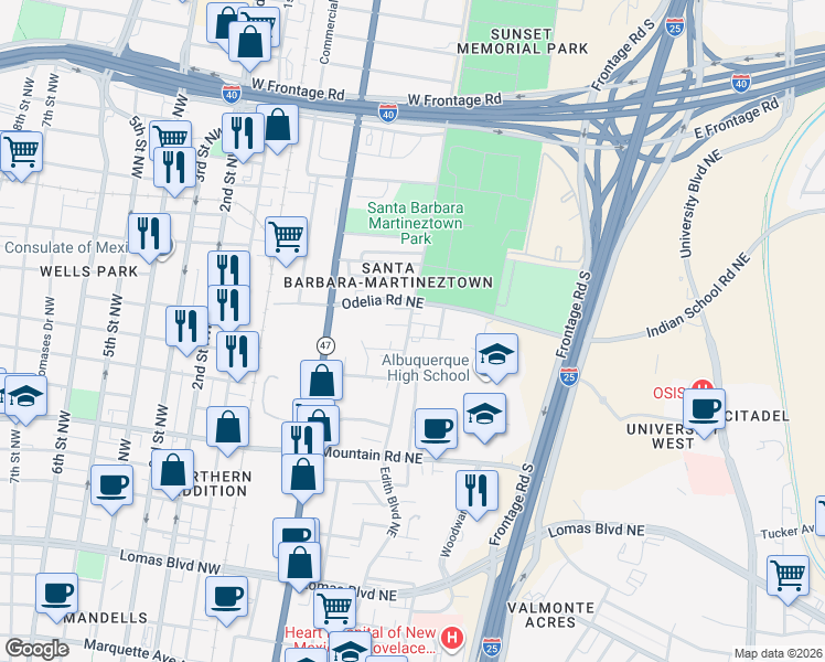 map of restaurants, bars, coffee shops, grocery stores, and more near in Albuquerque