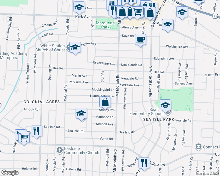 map of restaurants, bars, coffee shops, grocery stores, and more near 4963 Parkside Avenue in Memphis