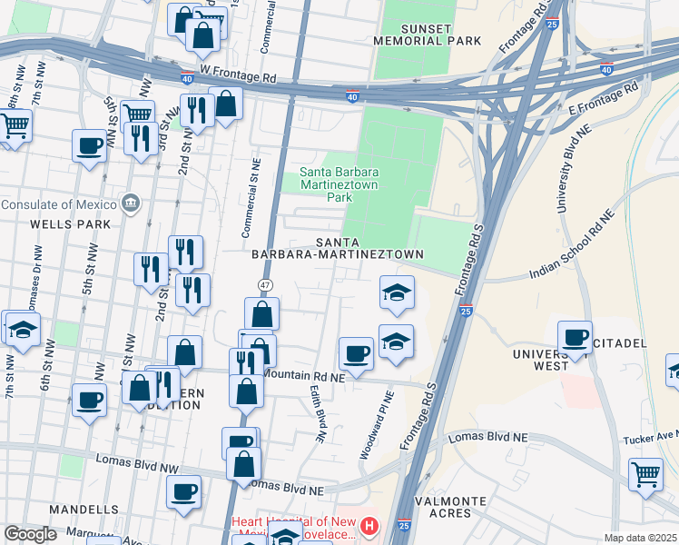 map of restaurants, bars, coffee shops, grocery stores, and more near in Albuquerque