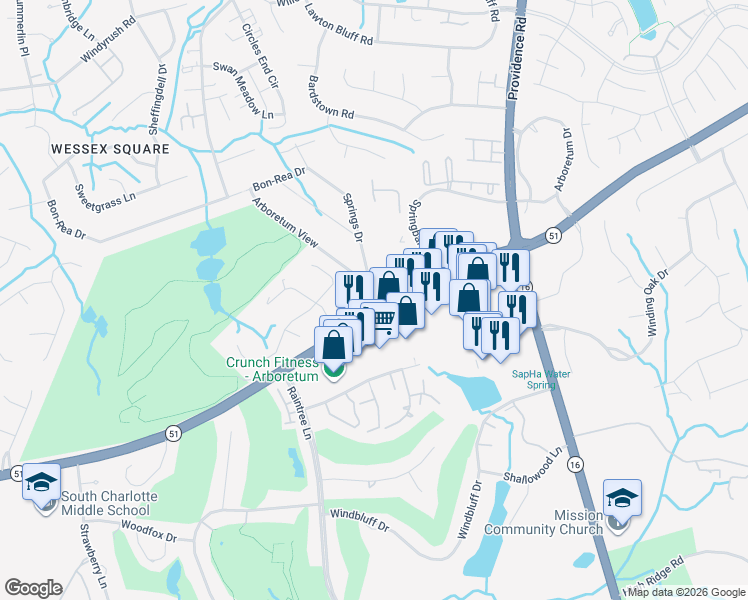 map of restaurants, bars, coffee shops, grocery stores, and more near 3300 Thaxton Place in Charlotte