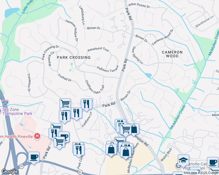 map of restaurants, bars, coffee shops, grocery stores, and more near 9914 Foxx Oak Place in Charlotte