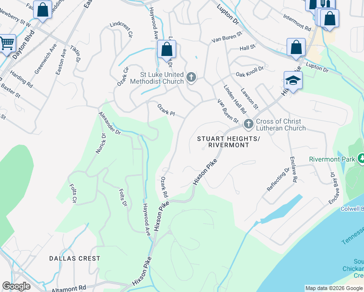 map of restaurants, bars, coffee shops, grocery stores, and more near 2924 Ozark Road in Chattanooga