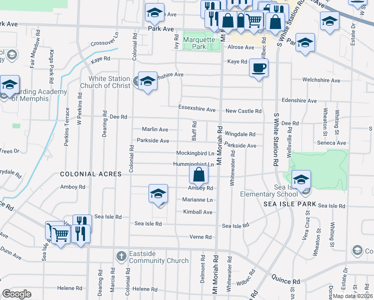 map of restaurants, bars, coffee shops, grocery stores, and more near 4915 Parkside Avenue in Memphis