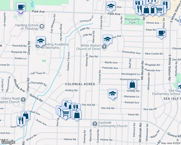 map of restaurants, bars, coffee shops, grocery stores, and more near 1218 Dearing Road in Memphis