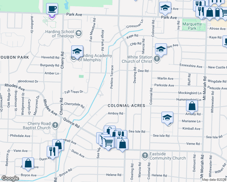 map of restaurants, bars, coffee shops, grocery stores, and more near 1214 Perkins Terrace in Memphis
