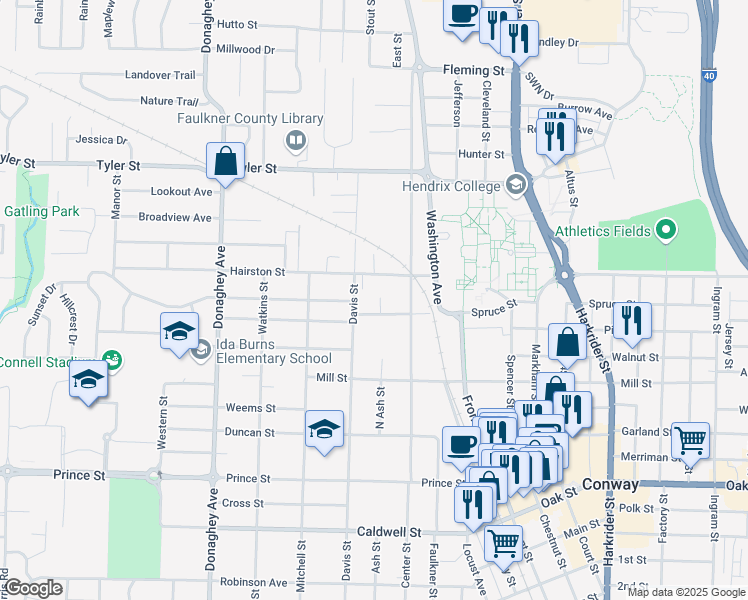 map of restaurants, bars, coffee shops, grocery stores, and more near 1706 Independence Street in Conway