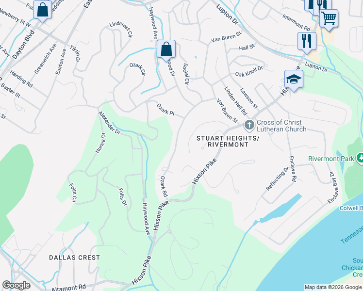 map of restaurants, bars, coffee shops, grocery stores, and more near 2924 Ozark Road in Chattanooga