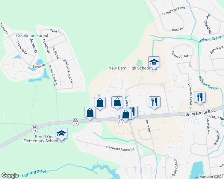 map of restaurants, bars, coffee shops, grocery stores, and more near 1129 Tomlinson Boulevard in New Bern