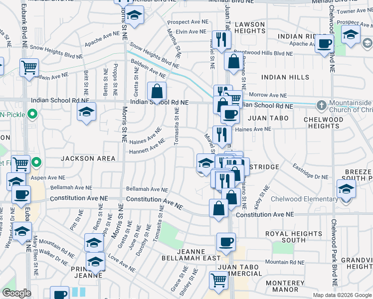map of restaurants, bars, coffee shops, grocery stores, and more near 11505 Mahlon Avenue Northeast in Albuquerque