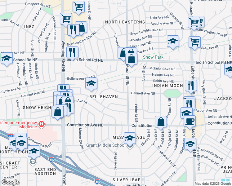 map of restaurants, bars, coffee shops, grocery stores, and more near 9009 Hannett Avenue Northeast in Albuquerque