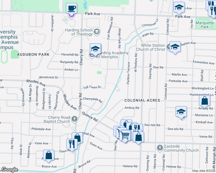 map of restaurants, bars, coffee shops, grocery stores, and more near 1226 Fair Meadow Road in Memphis