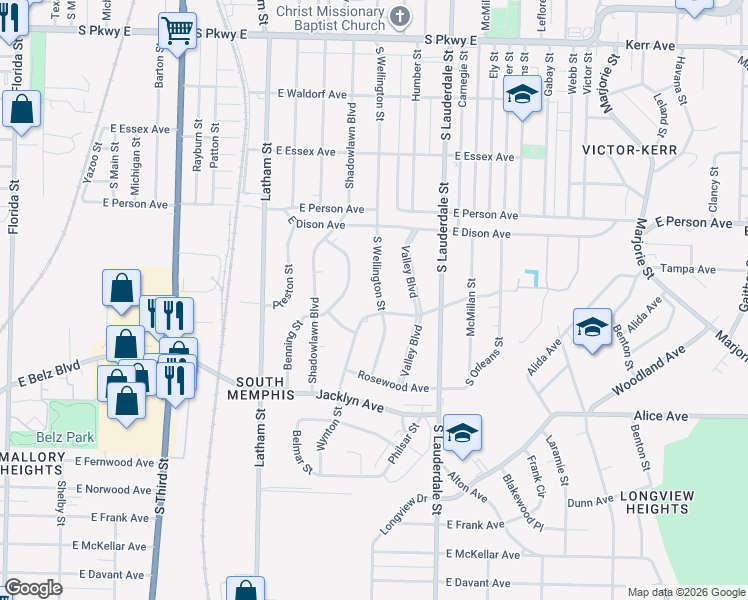 map of restaurants, bars, coffee shops, grocery stores, and more near 1786 South Wellington Street in Memphis