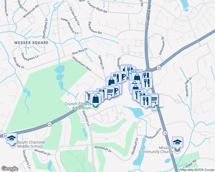 map of restaurants, bars, coffee shops, grocery stores, and more near 3300 Thaxton Place in Charlotte