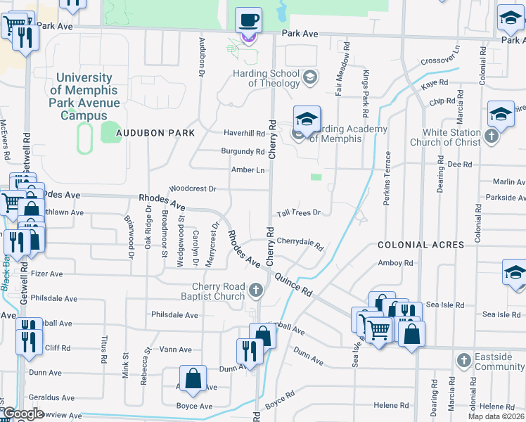 map of restaurants, bars, coffee shops, grocery stores, and more near 1225 Cherry Road in Memphis