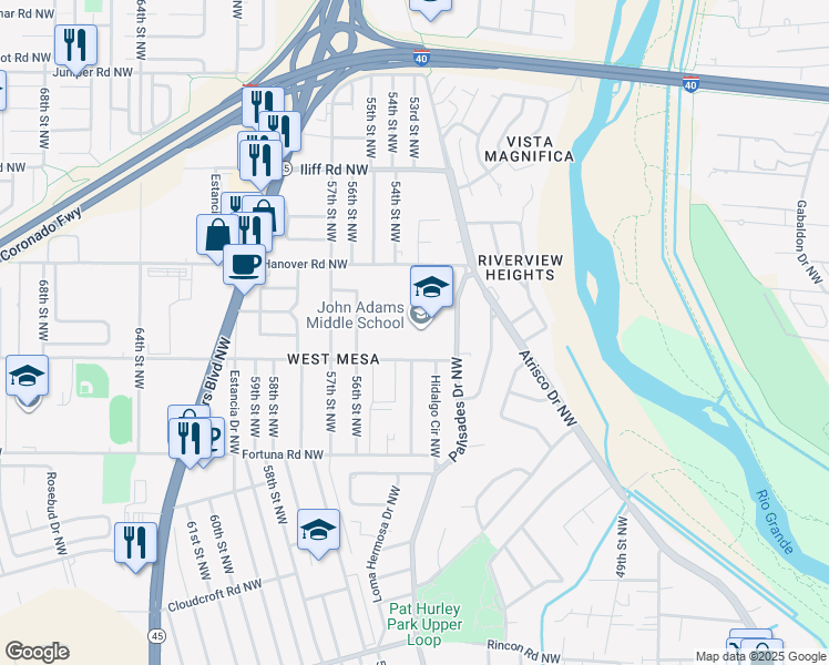 map of restaurants, bars, coffee shops, grocery stores, and more near 5401 Glenrio Road Northwest in Albuquerque