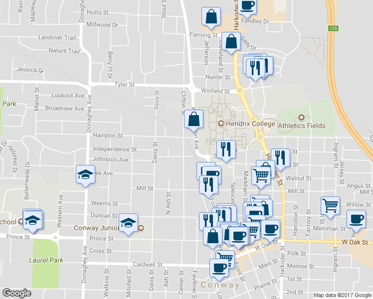 map of restaurants, bars, coffee shops, grocery stores, and more near 1408 Clifton Street in Conway
