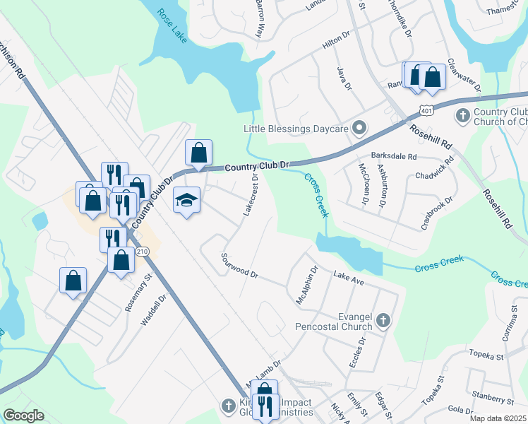 map of restaurants, bars, coffee shops, grocery stores, and more near 706 Rustland Drive in Fayetteville