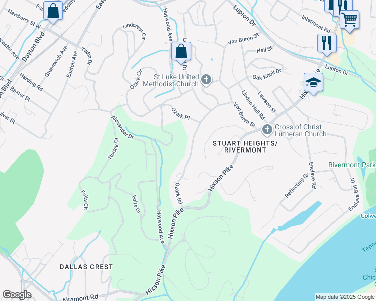 map of restaurants, bars, coffee shops, grocery stores, and more near 2919 Ozark Road in Chattanooga
