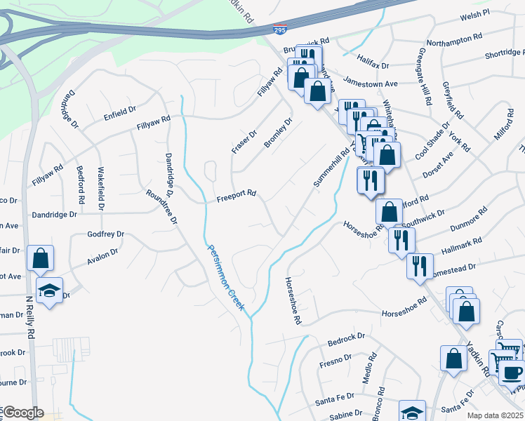 map of restaurants, bars, coffee shops, grocery stores, and more near 6432 Freeport Road in Fayetteville