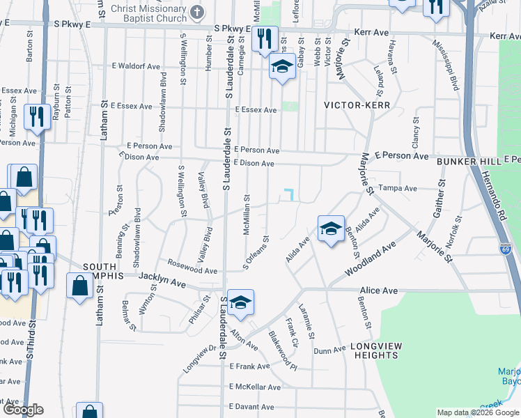 map of restaurants, bars, coffee shops, grocery stores, and more near 617 Shawnee Avenue in Memphis
