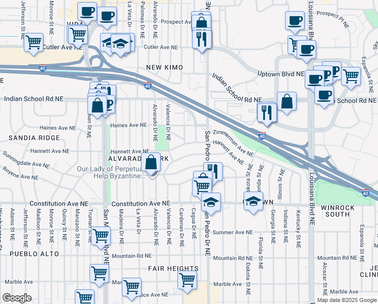 map of restaurants, bars, coffee shops, grocery stores, and more near 5722 Hannett Avenue Northeast in Albuquerque