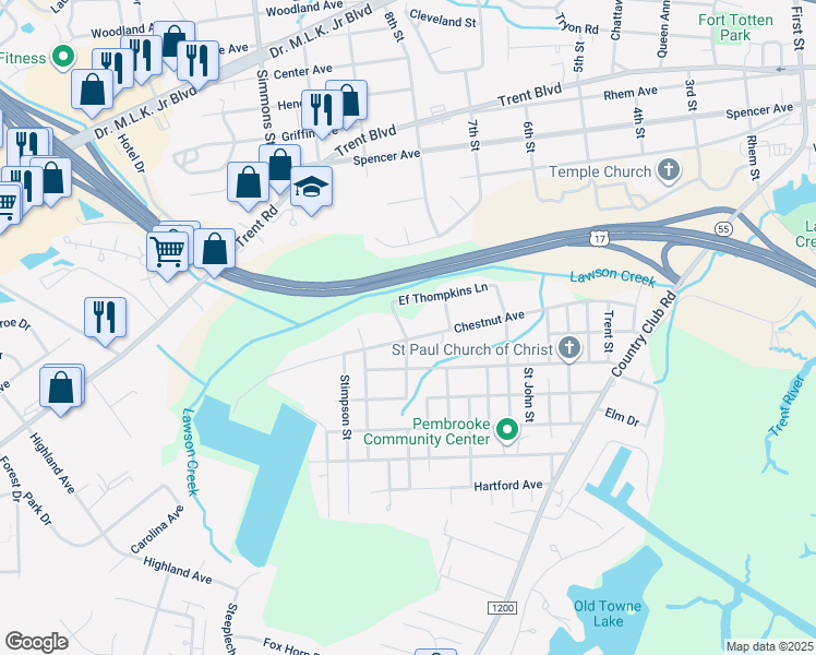 map of restaurants, bars, coffee shops, grocery stores, and more near 2008 Chestnut Avenue in New Bern