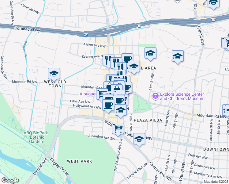 map of restaurants, bars, coffee shops, grocery stores, and more near 425 San Felipe Street Northwest in Albuquerque