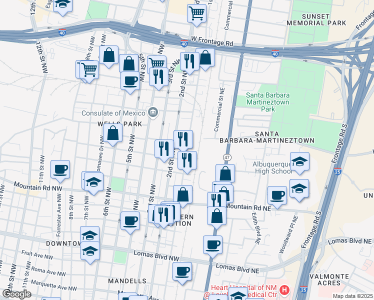 map of restaurants, bars, coffee shops, grocery stores, and more near 1551 1st Street Northwest in Albuquerque
