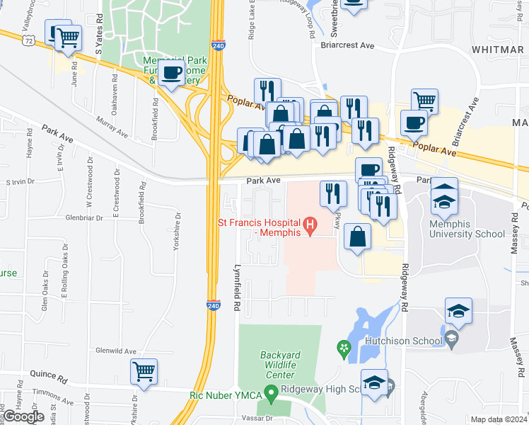 map of restaurants, bars, coffee shops, grocery stores, and more near 1219 Chamberlain Drive in Memphis
