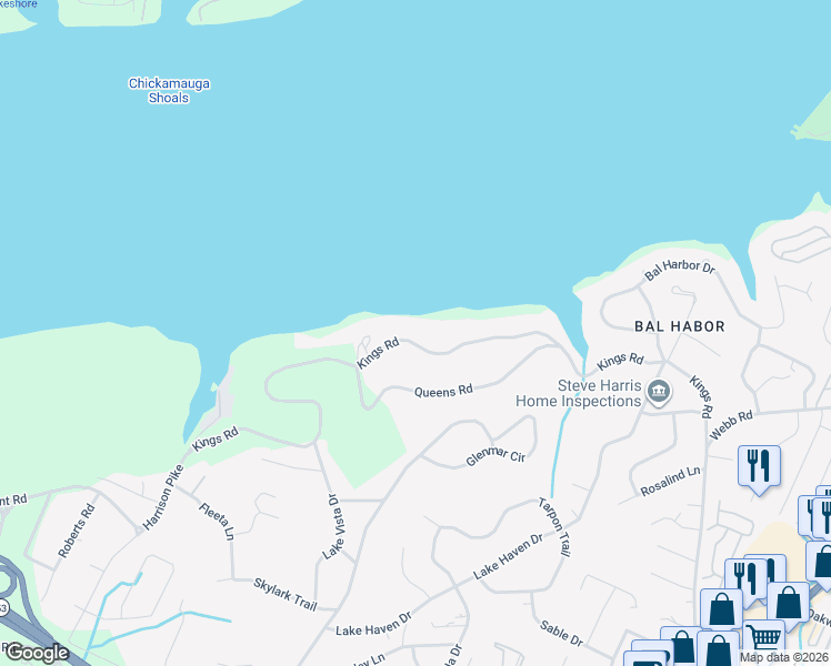 map of restaurants, bars, coffee shops, grocery stores, and more near 3731 Kings Road in Chattanooga