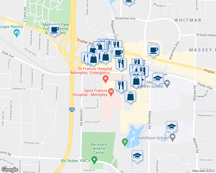 map of restaurants, bars, coffee shops, grocery stores, and more near 5959 Park Avenue in Memphis