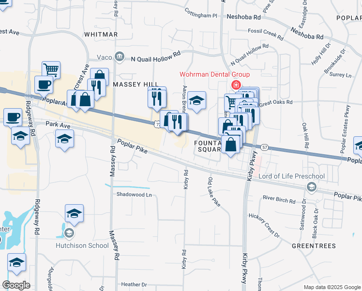 map of restaurants, bars, coffee shops, grocery stores, and more near 1859 Poplar Pines Drive in Memphis