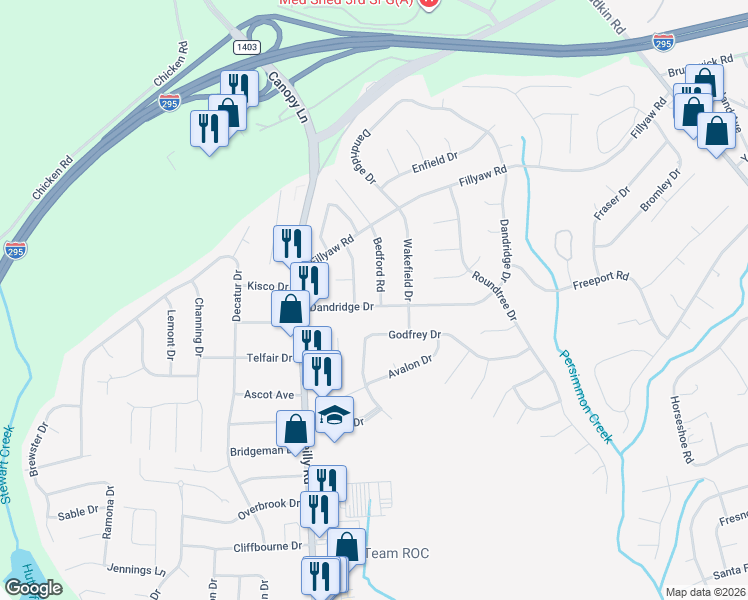 map of restaurants, bars, coffee shops, grocery stores, and more near 611 Bedford Road in Fayetteville