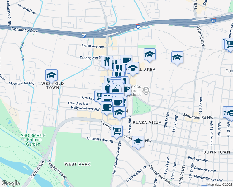 map of restaurants, bars, coffee shops, grocery stores, and more near 425 San Felipe Street Northwest in Albuquerque