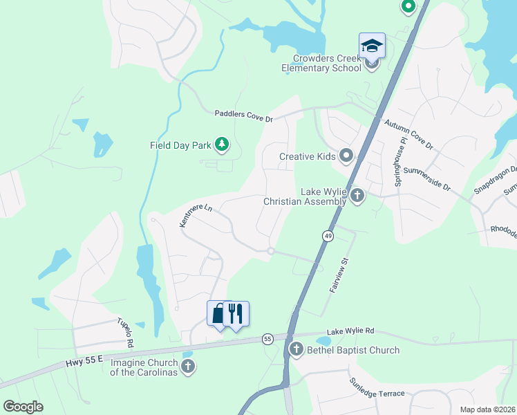 map of restaurants, bars, coffee shops, grocery stores, and more near 617 Drury Lane in Clover