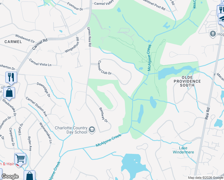 map of restaurants, bars, coffee shops, grocery stores, and more near 5815 Masters Court in Charlotte