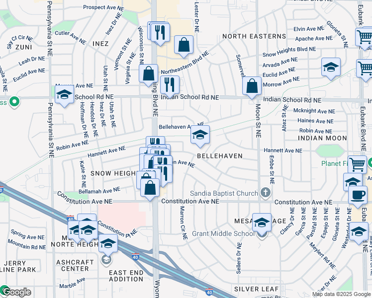 map of restaurants, bars, coffee shops, grocery stores, and more near 1600 Boatright Drive Northeast in Albuquerque