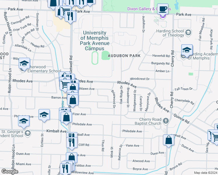 map of restaurants, bars, coffee shops, grocery stores, and more near 1225 Briarwood Drive in Memphis