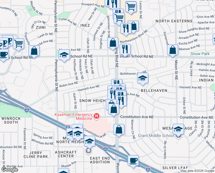 map of restaurants, bars, coffee shops, grocery stores, and more near 8112 Hannett Avenue Northeast in Albuquerque