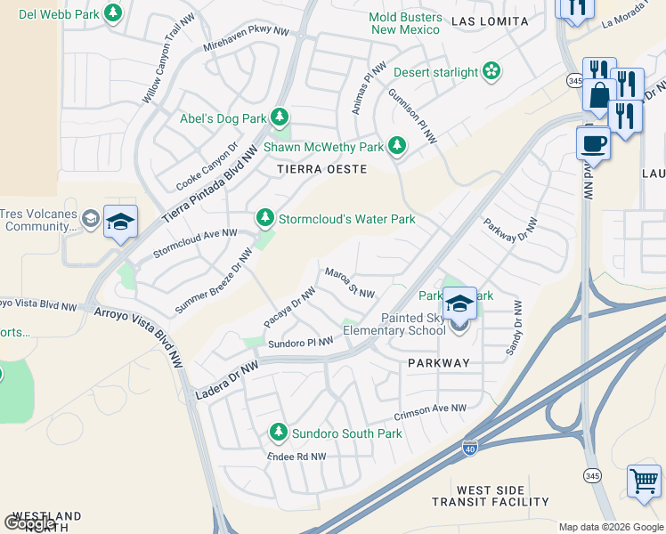 map of restaurants, bars, coffee shops, grocery stores, and more near 1115 Makian Place Northwest in Albuquerque