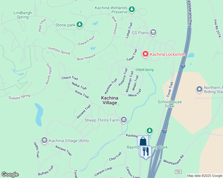 map of restaurants, bars, coffee shops, grocery stores, and more near 2722 Kachina Trail in Flagstaff