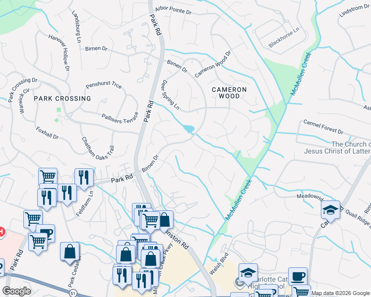 map of restaurants, bars, coffee shops, grocery stores, and more near 3430 Abbey Hill Lane in Charlotte