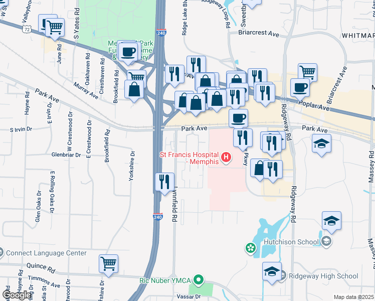 map of restaurants, bars, coffee shops, grocery stores, and more near 1205 Bristol Drive in Memphis