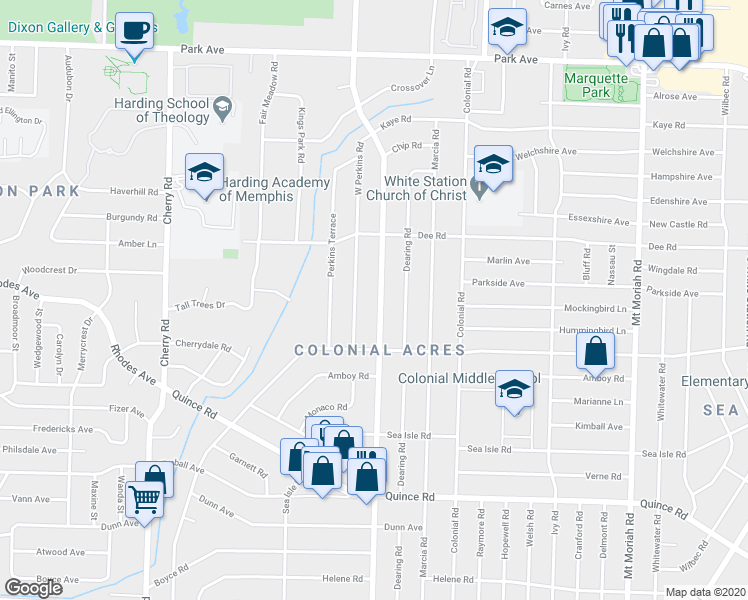 map of restaurants, bars, coffee shops, grocery stores, and more near 1215 South Perkins Road in Memphis